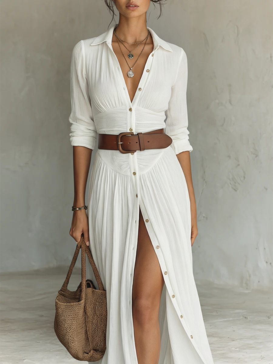 VICTORIA white pleated maxi dress, V-neck and buttons, belted waist, long sleeves