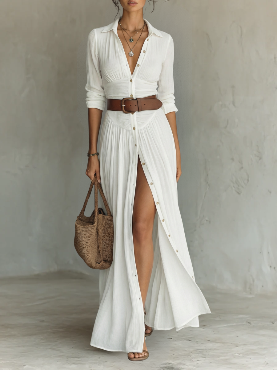 VICTORIA white pleated maxi dress with V-neck, button front, long sleeves, side slit