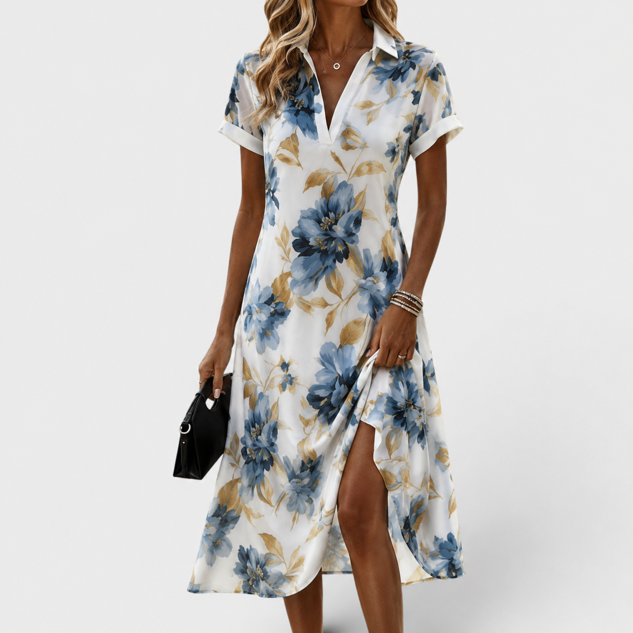 Elara | Vestito Midi a Fiori con Legatura in Vita
