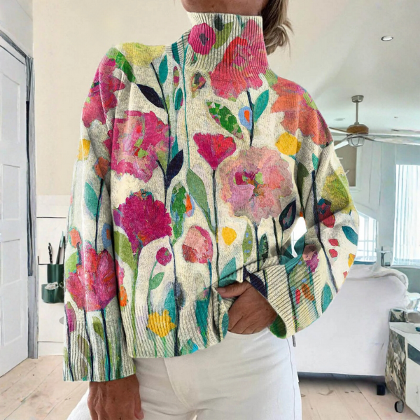 Multicolor floral knit vintage turtleneck sweater with long sleeves