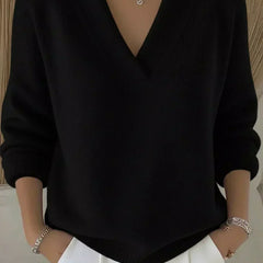 Black relaxed V-neck knit sweater with ribbed cuffs and hem, long sleeves