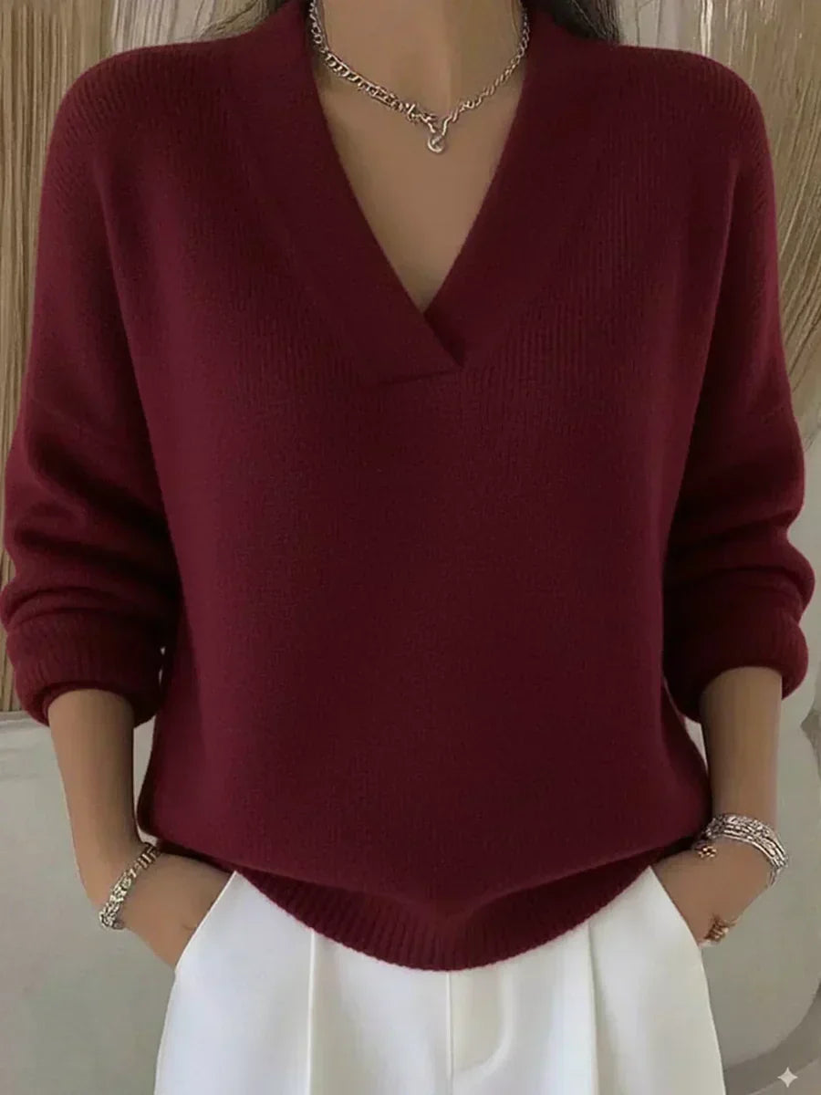 Burgundy relaxed V-neck knit sweater with ribbed cuffs and hem, long sleeves