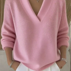 Pink relaxed V-neck knit sweater with ribbed cuffs and hem, long sleeves