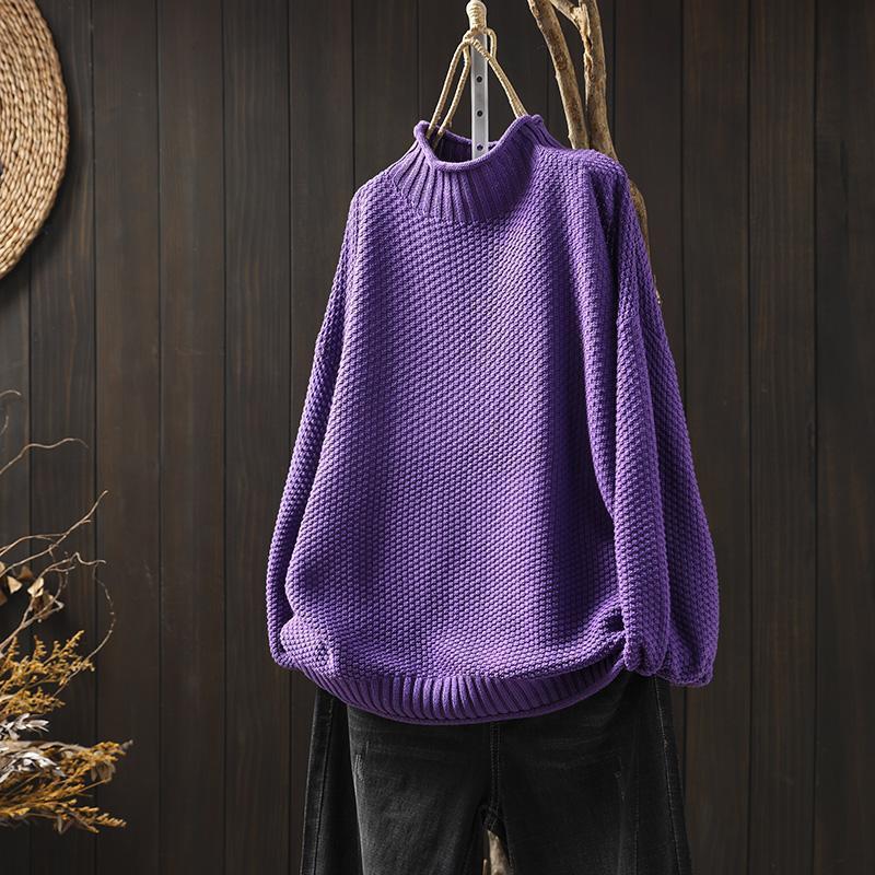 Purple waffle-knit sweater with mock neck, loose fit, ribbed cuffs and hem