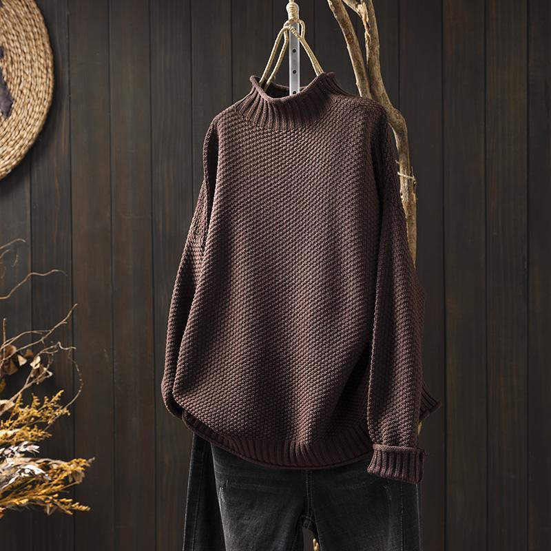 Brown waffle-knit sweater with mock neck, loose fit, ribbed cuffs and hem