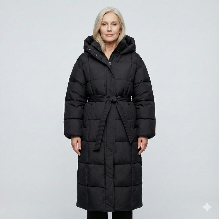 Long belted puffer coat, black, hooded with front zip and tied waist belt