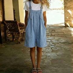 Light blue denim short overalls with wide legs, front bib pocket, and adjustable straps