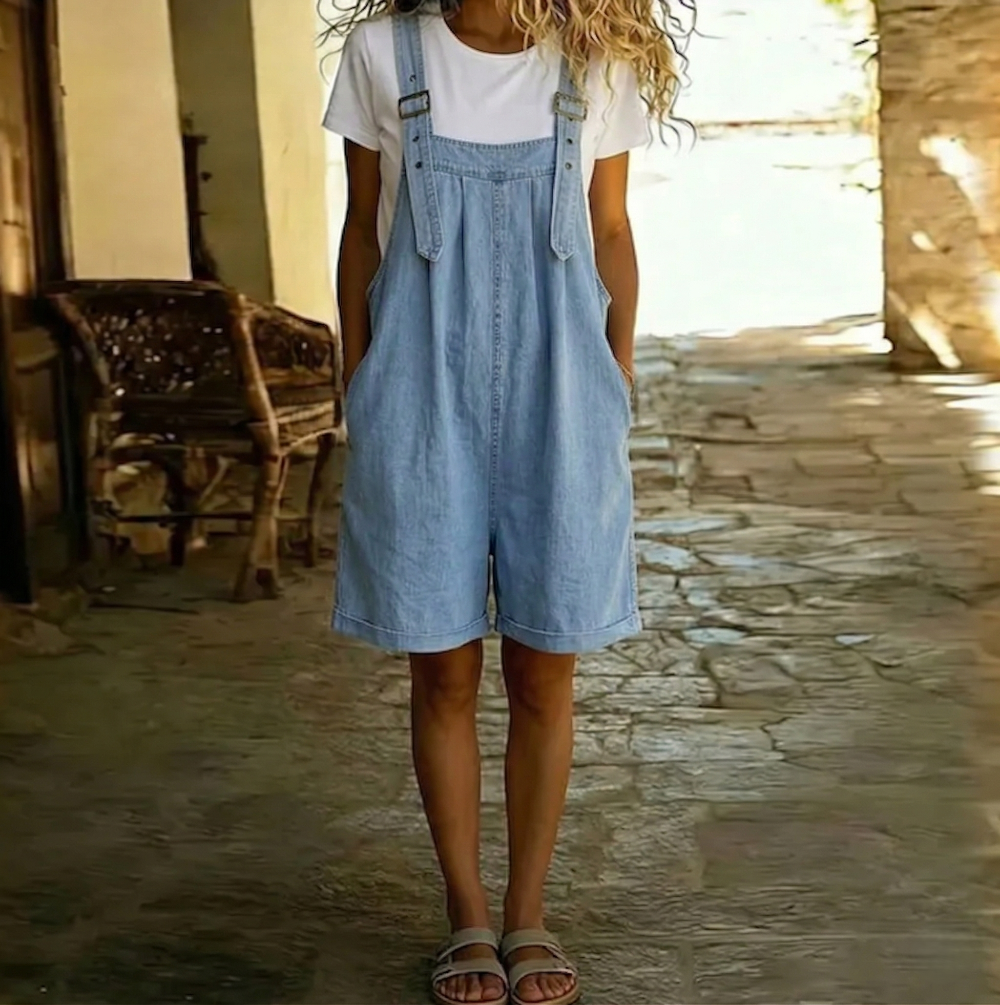 Light blue denim short overalls with wide legs, front bib pocket, and adjustable straps