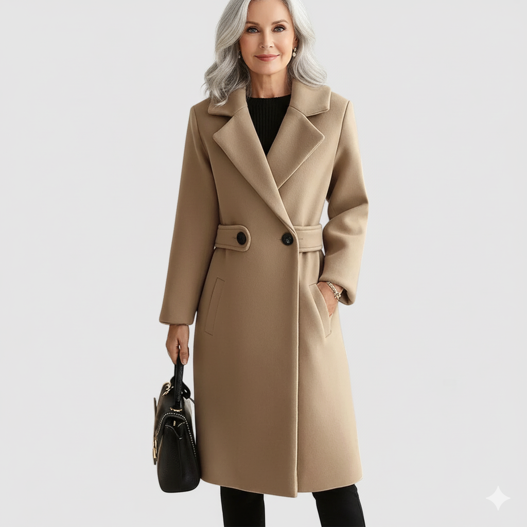 Beige classic coat with belt, notched lapels, button front, long sleeves.