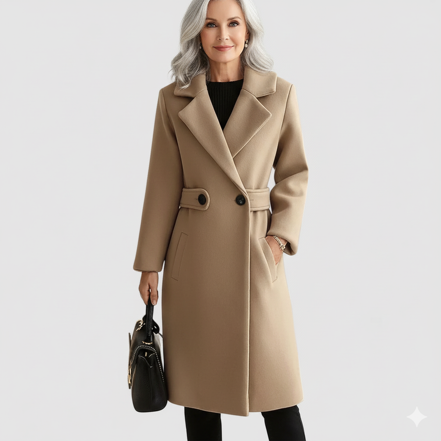 Beige classic coat with belt, notched lapels, button front, long sleeves.