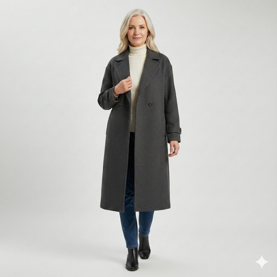 Dark grey longline luxe coat with notched lapels and double-breasted buttons