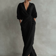 Black linen-blend maxi dress with V-neck wrap, twist front, and side slit