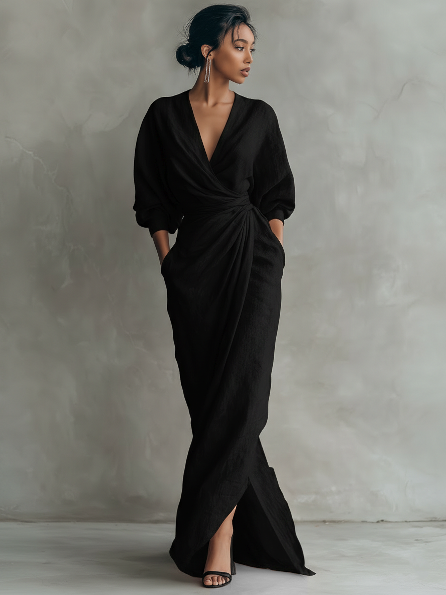 Black linen-blend maxi dress with V-neck wrap, twist front, and side slit