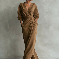 Brown v-neck linen-blend maxi dress with knotted wrap front and three-quarter sleeves