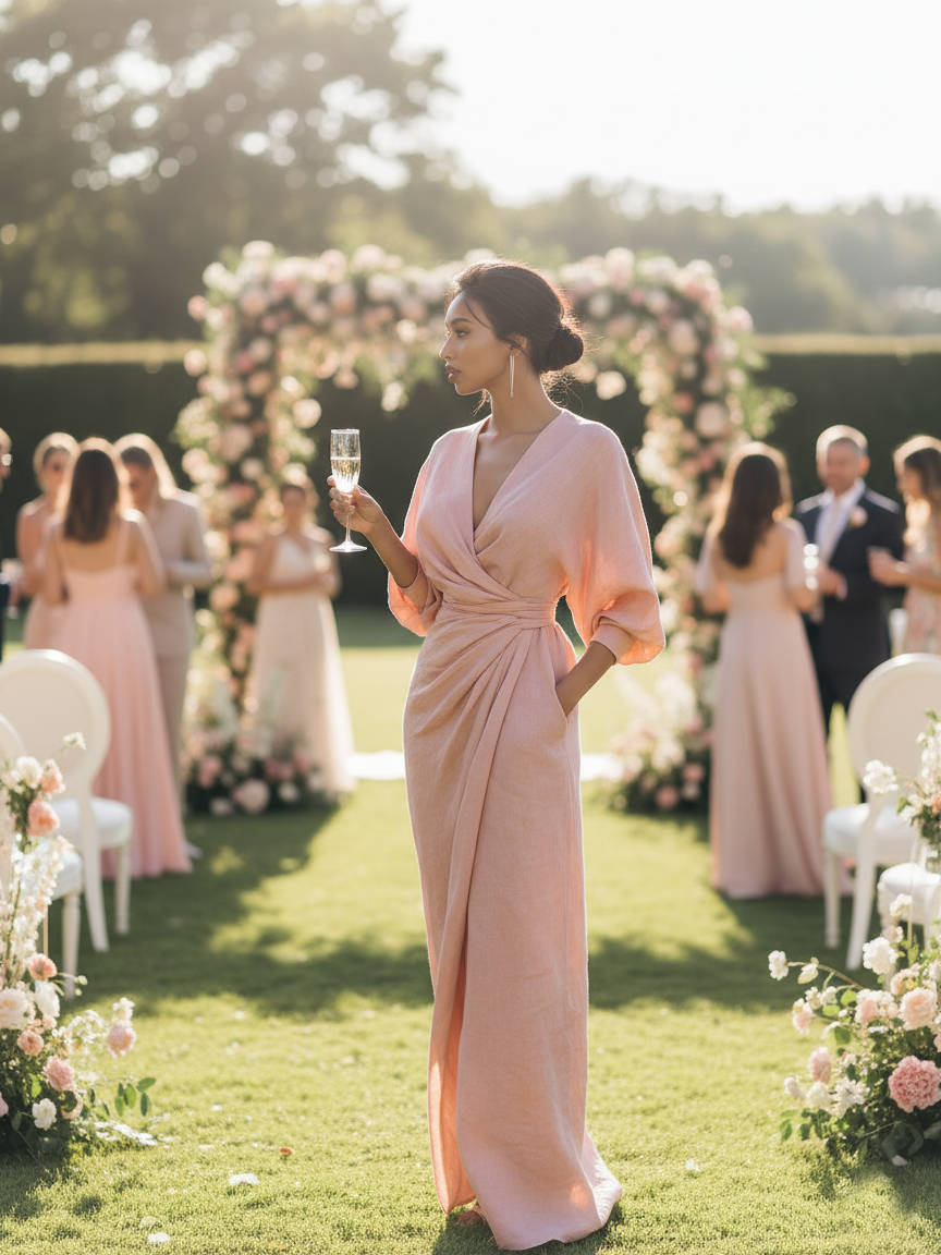 Blush pink maxi V-neck dress with twisted knot waist and flowy skirt, three-quarter sleeves