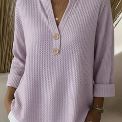 Lilac henley button top, waffle-knit long sleeve with V-neck and three buttons