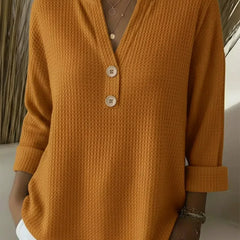 Mustard henley button top, waffle-knit long sleeve with V-neck and three buttons