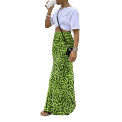 Green leopard print fishtail midi skirt with a long A-line fall