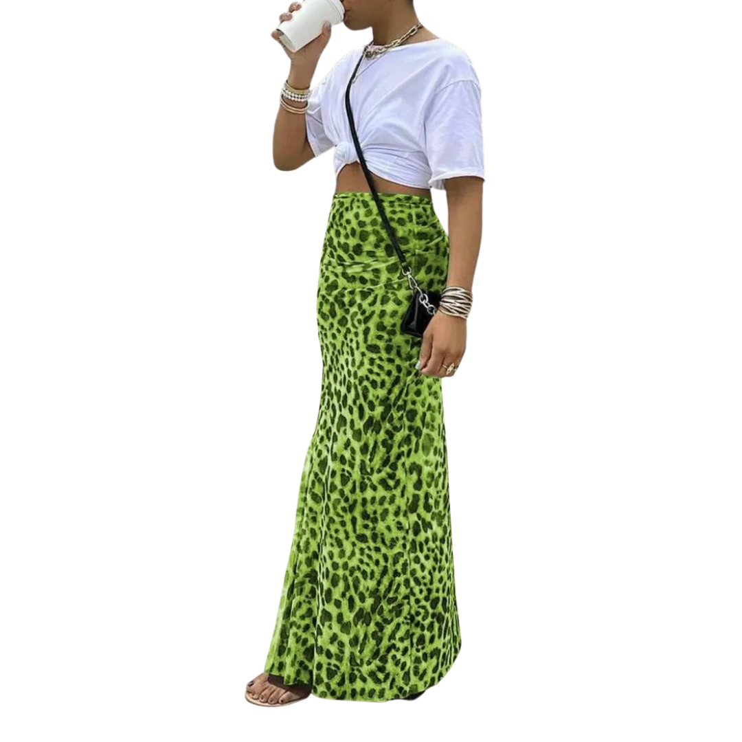 Green leopard print fishtail midi skirt with a long A-line fall
