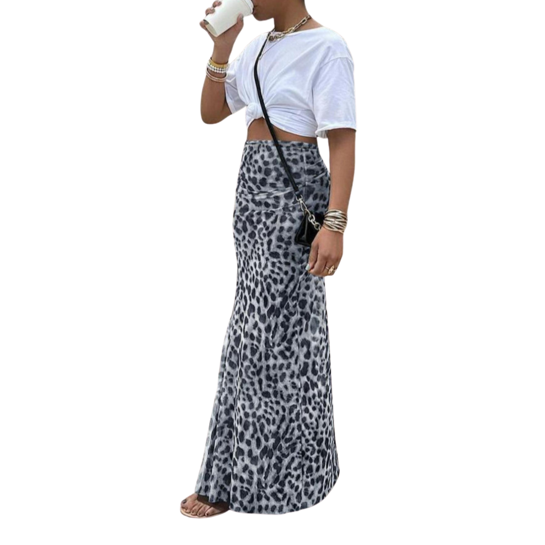 Grey leopard print fishtail midi skirt with an A-line flowing drape
