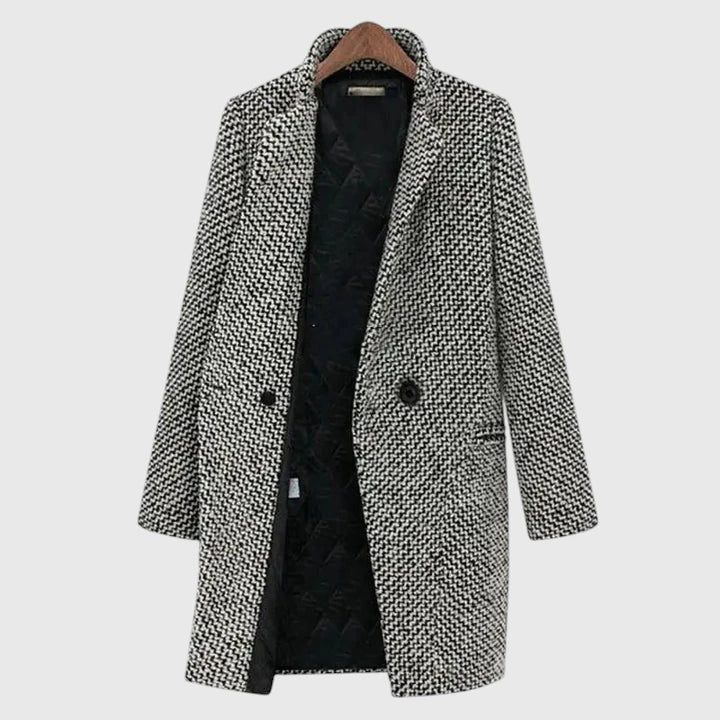 Gray herringbone long coat with black lining, button front, and wide lapels