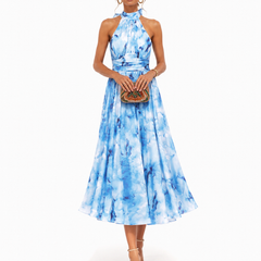 Halter watercolor maxi dress in blue watercolor print, fitted bodice and full midi-length skirt