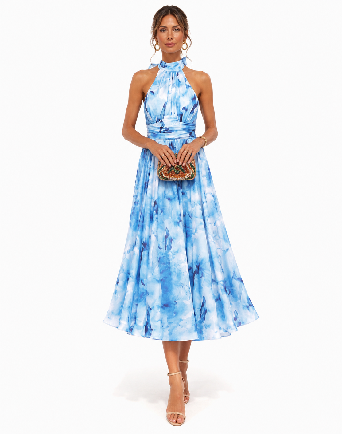 Halter watercolor maxi dress in blue watercolor print, fitted bodice and full midi-length skirt