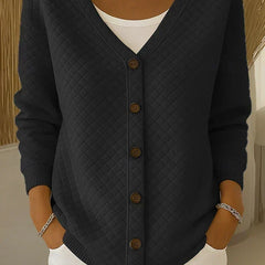 Black quilted button-front cardigan with V-neck and long sleeves.