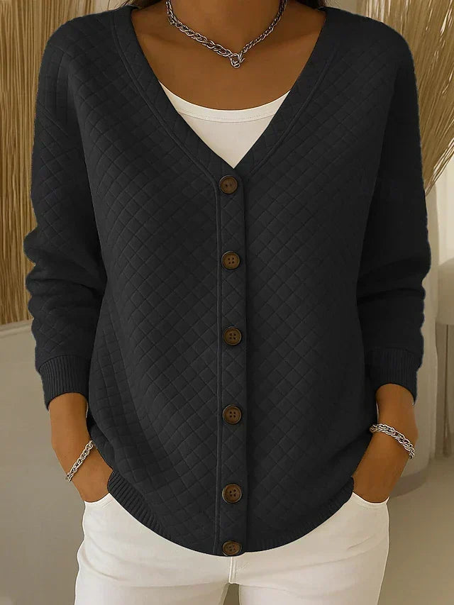Black quilted button-front cardigan with V-neck and long sleeves.