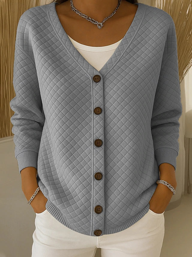Light gray quilted button-front cardigan with V-neck and long sleeves.