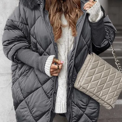 Grey quilted winter jacket with faux fur hood, zip front, ribbed knit cuffs