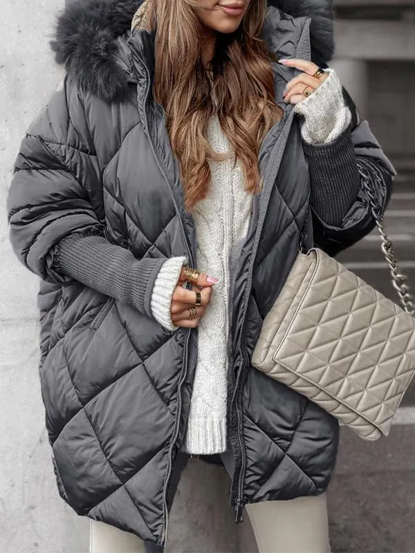Grey quilted winter jacket with faux fur hood, zip front, ribbed knit cuffs