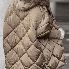 Khaki quilted winter jacket with faux fur hood, diamond quilting, zip front