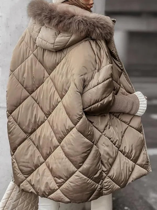 Khaki quilted winter jacket with faux fur hood, diamond quilting, zip front