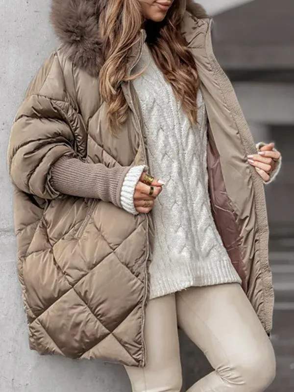 Khaki quilted winter jacket with faux fur hood, zip front, ribbed knit cuffs, side view