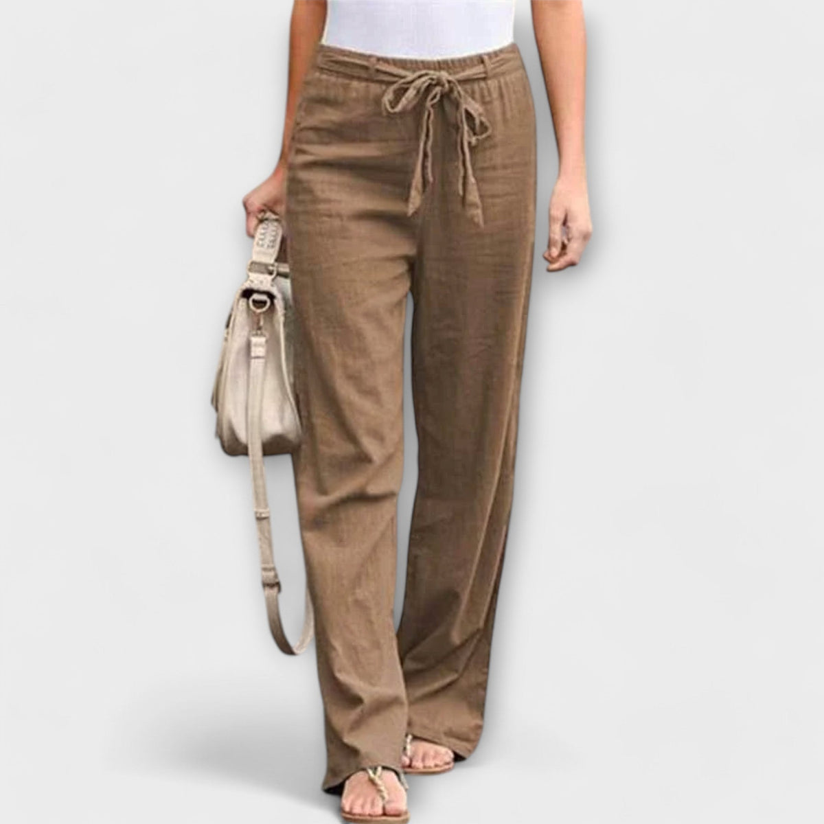 Wide-leg trousers with tie belt, brown fabric with elastic waist and wide-leg silhouette