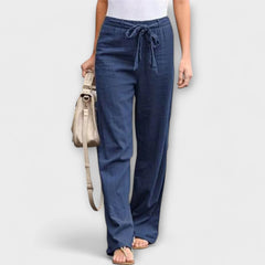 Wide-leg trousers with tie belt, navy blue fabric with elastic waist and relaxed wide legs