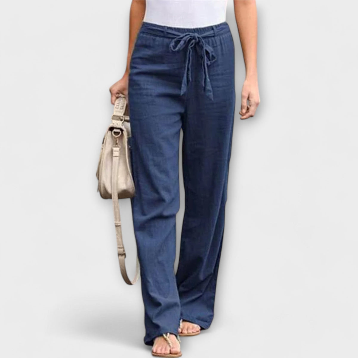 Wide-leg trousers with tie belt, navy blue fabric with elastic waist and relaxed wide legs