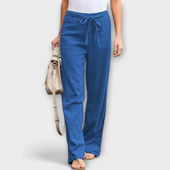 Wide-leg trousers with tie belt, blue fabric with elastic waist and ankle-length wide legs