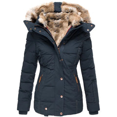Cozy winter jacket in deep navy with faux fur hood, button-front and side pocket zips