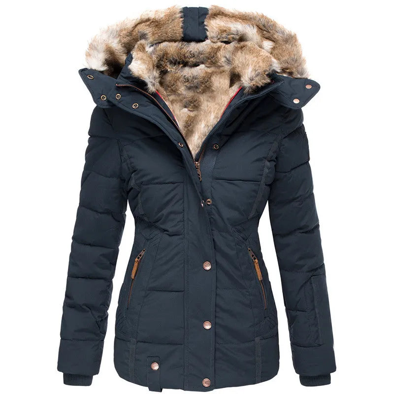 Cozy winter jacket in deep navy with faux fur hood, button-front and side pocket zips