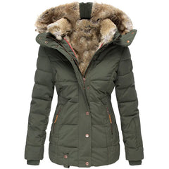 Cozy winter jacket in olive green with faux fur hood, button-front and side zip pockets
