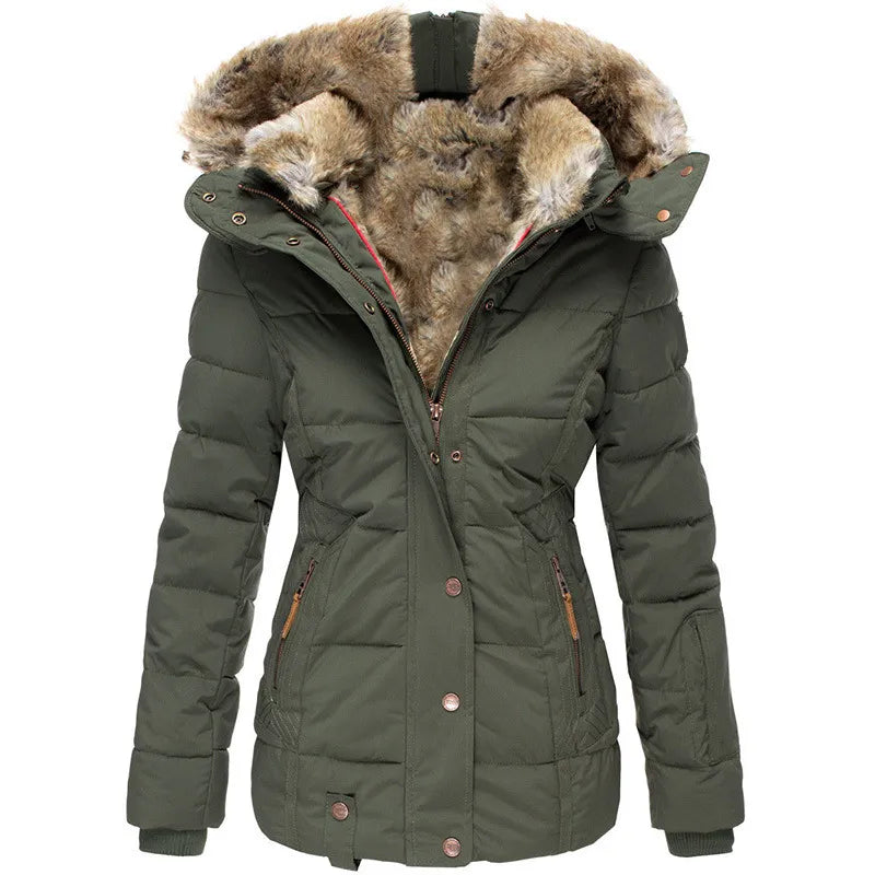Cozy winter jacket in olive green with faux fur hood, button-front and side zip pockets