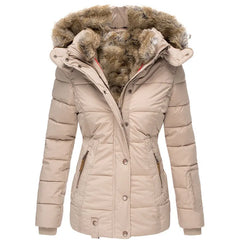 Cozy winter jacket in cream with faux fur hood lining, button-front and side pocket zips
