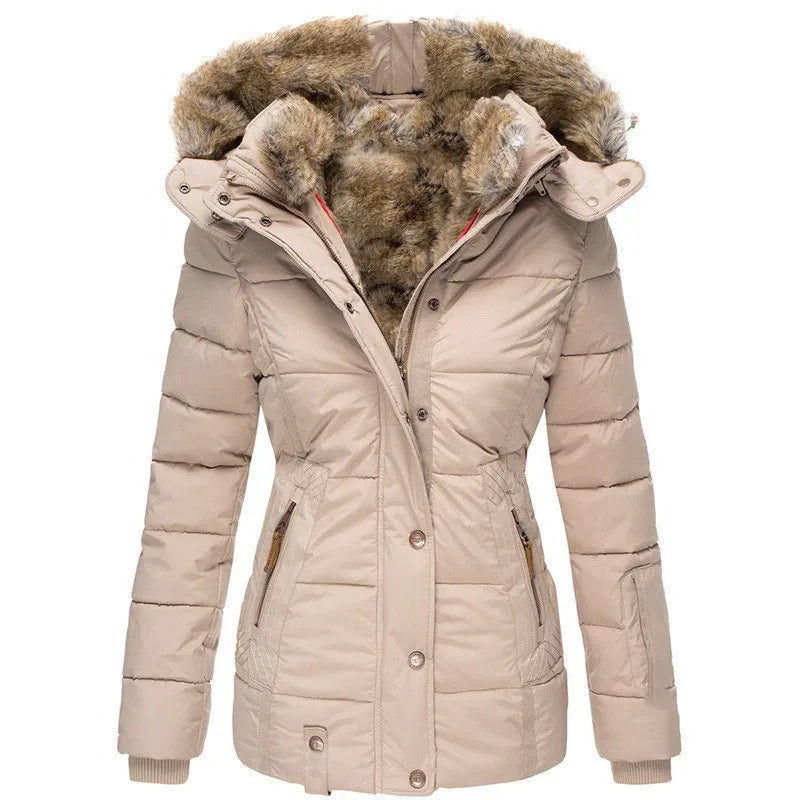 Cozy winter jacket in cream with faux fur hood lining, button-front and side pocket zips