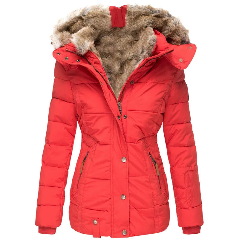 Cozy winter jacket in red with faux fur hood lining, button-front closure and side pockets