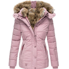 Cozy winter jacket in light pink with faux fur hood, quilted puffer and button-front