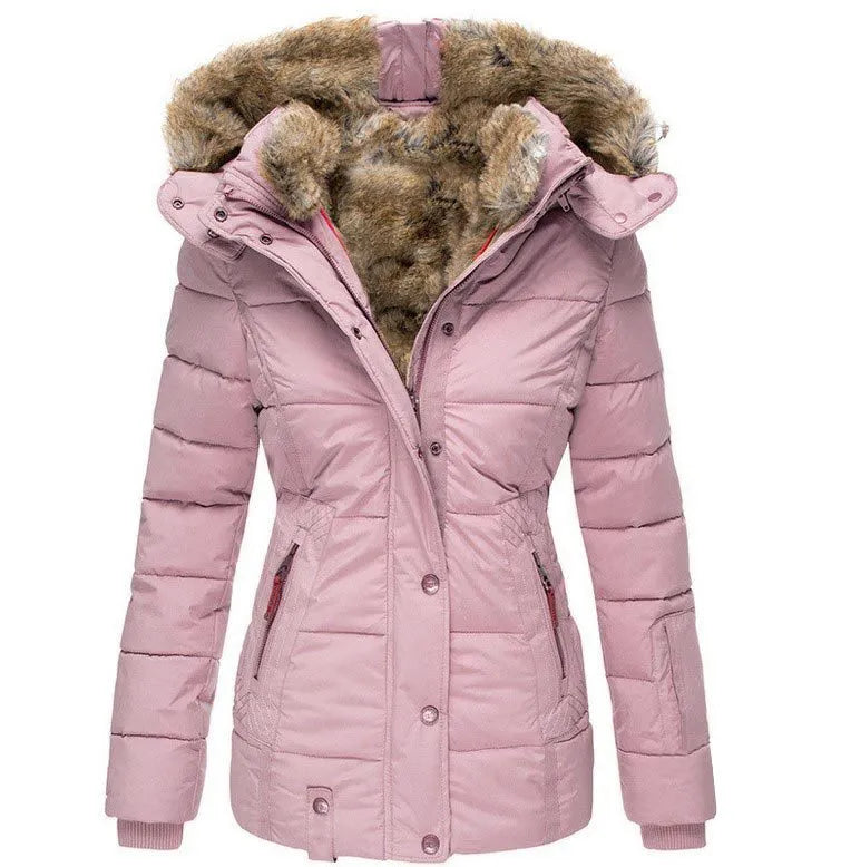 Cozy winter jacket in light pink with faux fur hood, quilted puffer and button-front