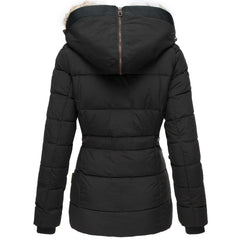 Cozy winter jacket in black, quilted puffer back with faux fur hood and snap details