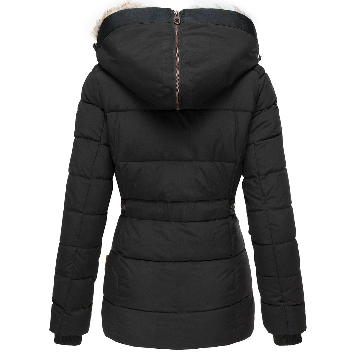 Cozy winter jacket in black, quilted puffer back with faux fur hood and snap details